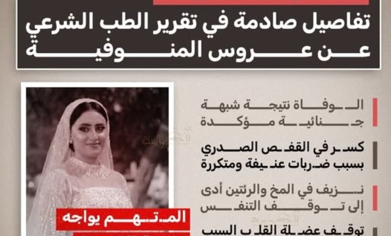 "ضرب حتى الموت".. تقرير الطب الشرعي يكشف أسرار مقتل عروس المنوفية
