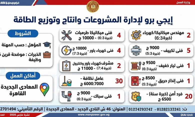  في 8 محافظات..1721 وظيفة بـ33 شركة خاصة عبر نشرة التوظيف الأسبوعية لوزارة العمل 