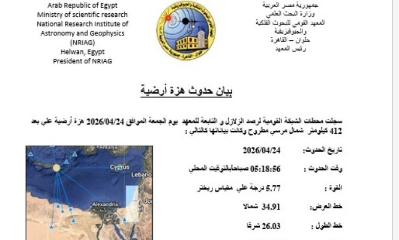 هزة أرضية بقوة 5.77 ريختر شمال مرسى مطروح.. والفلك توضح التفاصيل