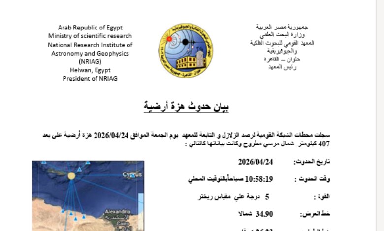 للمرة الثانية.. هزة أرضية بقوة 5 ريختر شمال مرسى مطروح